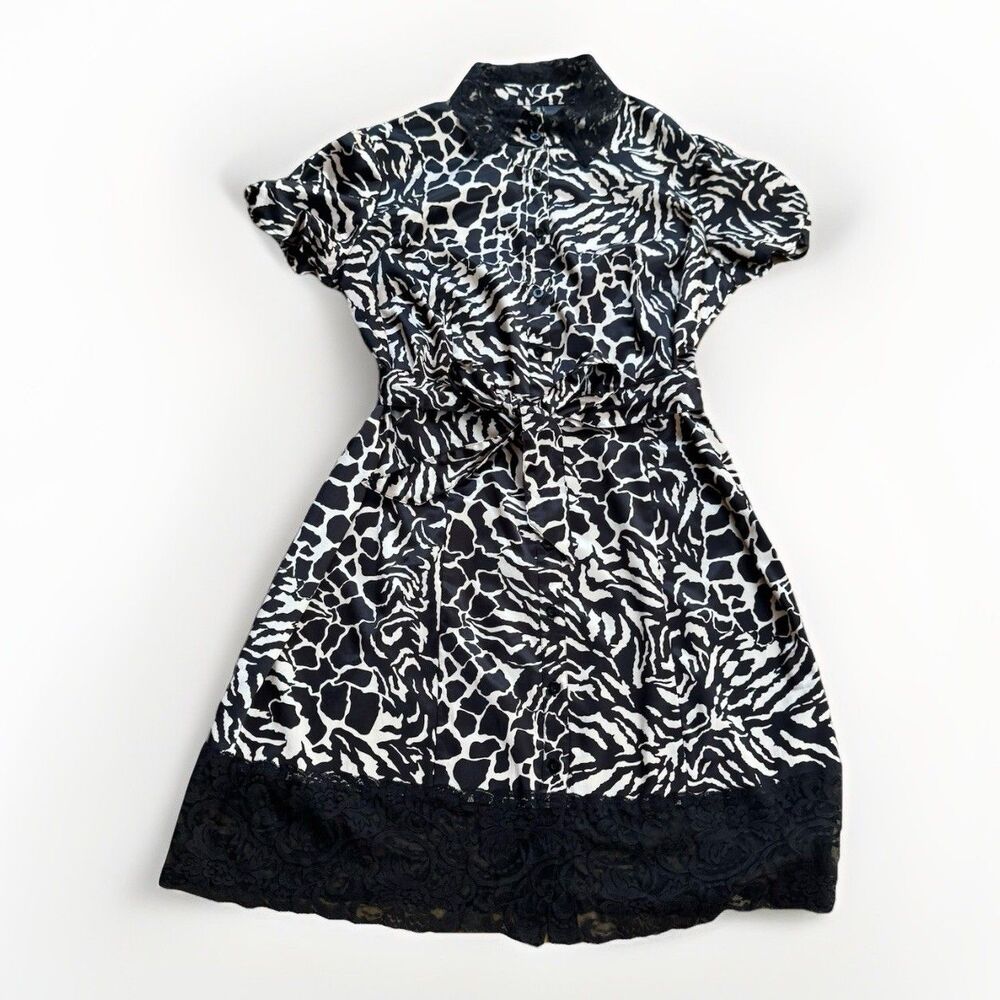 Bisou Bisou Shirt dress Size Large Black and Cream Geometric Short Lleeve - Picture 1 of 16